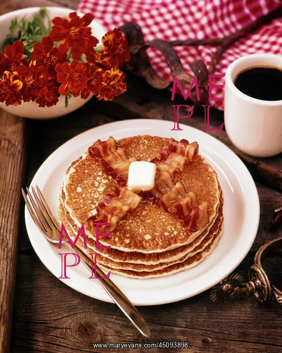 : Breakfast Stack of Four Flour Pancakes Two Strips : Breakfast Stack of Four Flour Pancakes Two Strips