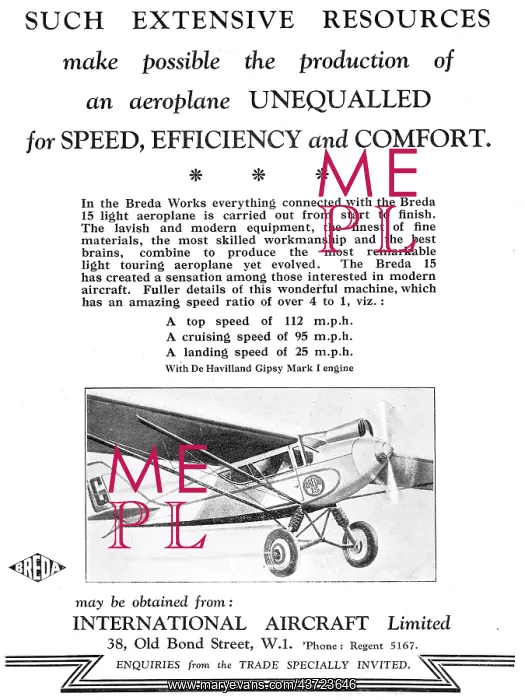 : Breda 15 Aircraft 1930 Advert : Breda 15 Aircraft 1930 Advert