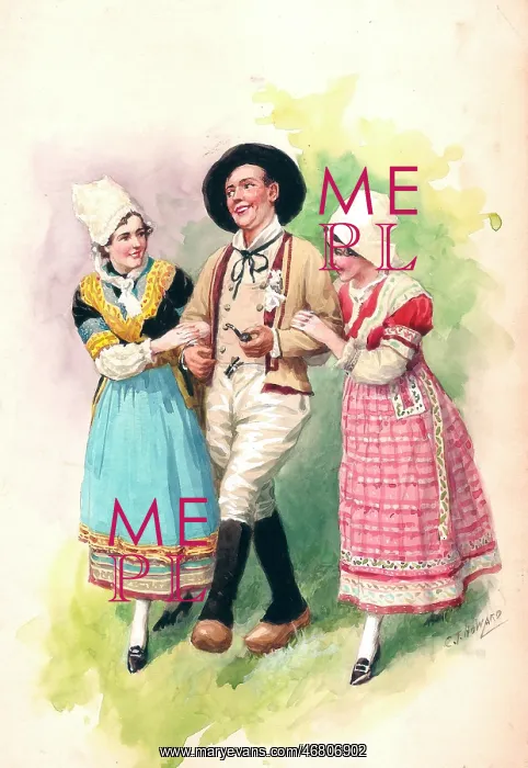 : Bretons. Postcard design. Breton man and two ladies in traditional costume : Bretons. Postcard design. Breton man and two ladies in traditional costume