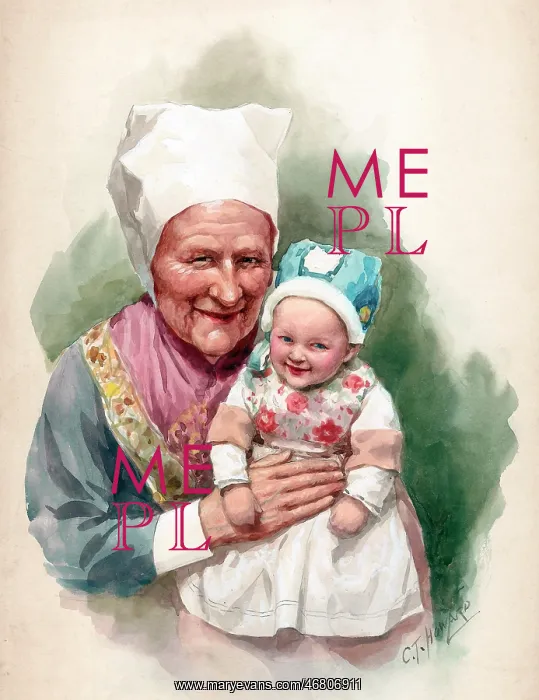 : Bretons. Postcard design. Breton old lady with baby in traditional costume : Bretons. Postcard design. Breton old lady with baby in traditional costume