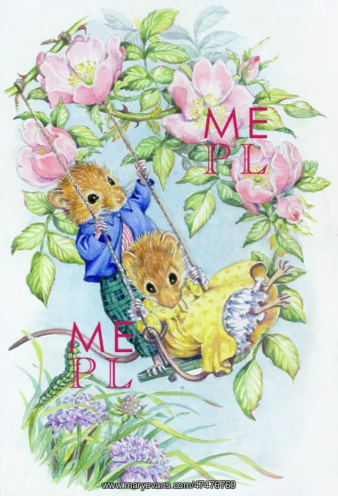 : The Briar Swing - mice on swing on wild roses : The Briar Swing - mice on swing on wild roses
