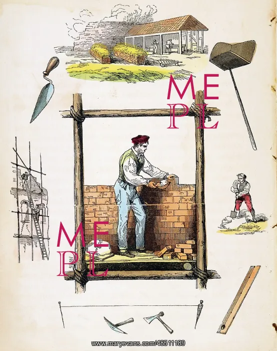 : Bricklayer working on wooden scaffold. Top: Brickyard : Bricklayer working on wooden scaffold. Top: Brickyard