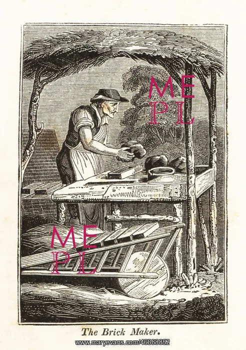 : Brickmaker shaping clay bricks in a mold next to a kiln : Brickmaker shaping clay bricks in a mold next to a kiln