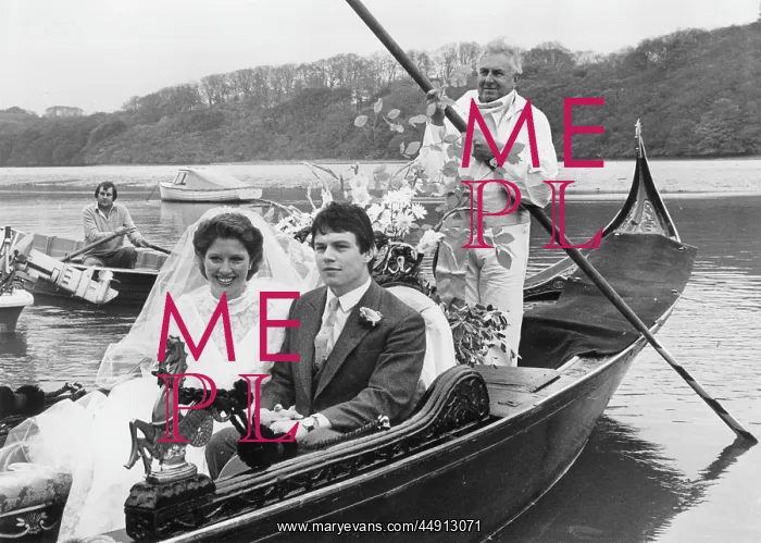 : Bride and groom in a gondola, Malpas, Cornwall : Bride and groom in a gondola, Malpas, Cornwall