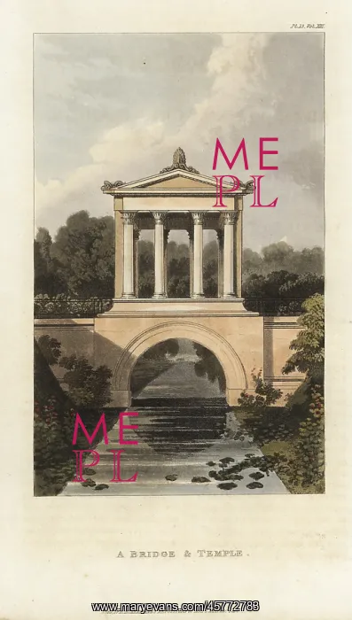 : Bridge and classical temple over an ornamental river : Bridge and classical temple over an ornamental river