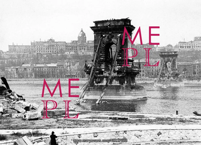 : Bridge and houses in Budapest that were destroyed during : Bridge and houses in Budapest that were destroyed during