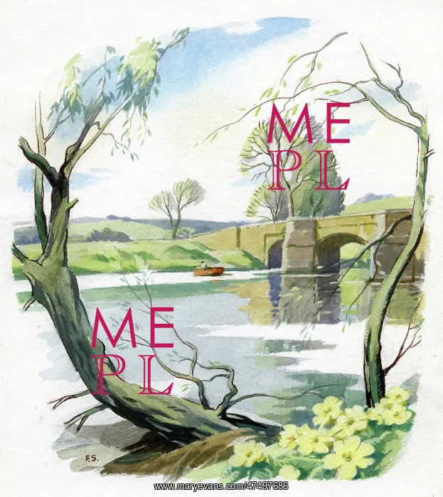 : Bridge over river with primroses : Bridge over river with primroses