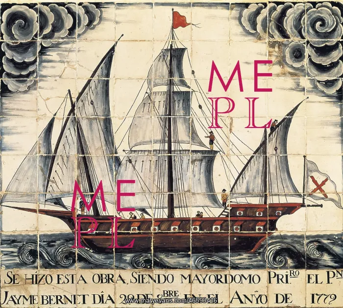 : Brigantine (1779). Majorcan glazed tiles panel : Brigantine (1779). Majorcan glazed tiles panel