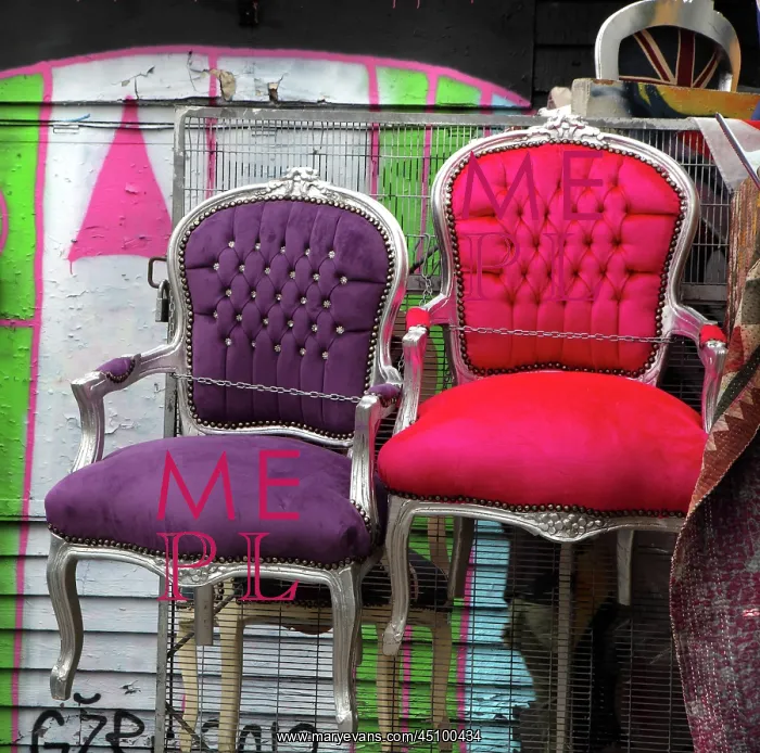 : Brightly coloured chairs, Brick Lane area, London, UK : Brightly coloured chairs, Brick Lane area, London, UK