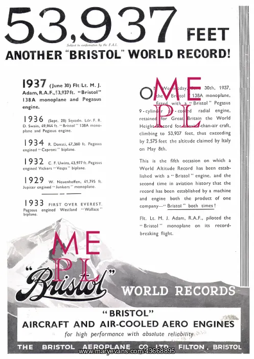  : Bristol 138A Monoplane - Pegasus. World Altitude Record