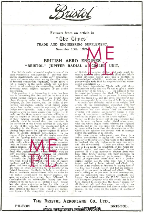 : Bristol Jupiter Radial Aircooled Unit. Article In The Times : Bristol Jupiter Radial Aircooled Unit. Article In The Times