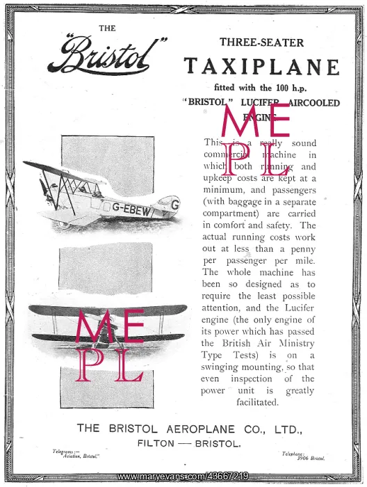 : Bristol Three-Seater Taxiplane. G-EBEW. 100 HP Lucifer : Bristol Three-Seater Taxiplane. G-EBEW. 100 HP Lucifer