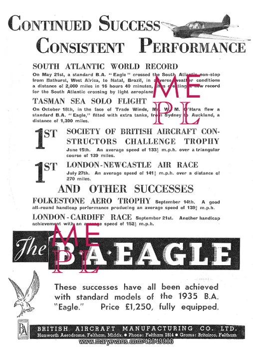 : British Aircraft B.A.Eagle World Records W.M.O'Hara : British Aircraft B.A.Eagle World Records W.M.O'Hara