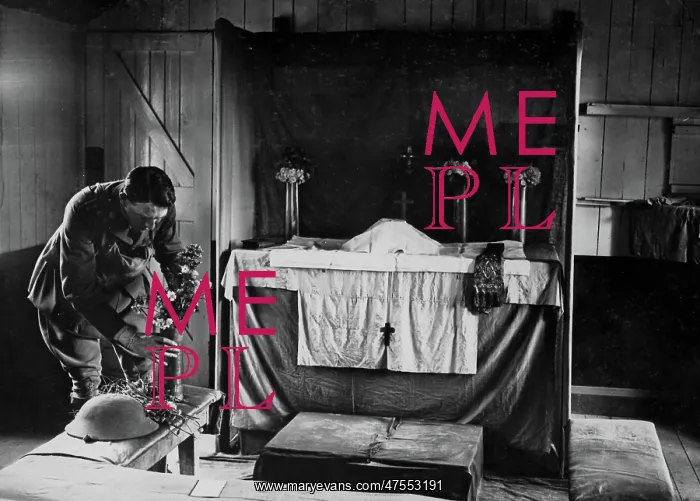 : British army padre in makeshift church, Western Front, WW1 : British army padre in makeshift church, Western Front, WW1
