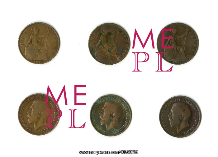 : British coins, three George V pennies : British coins, three George V pennies