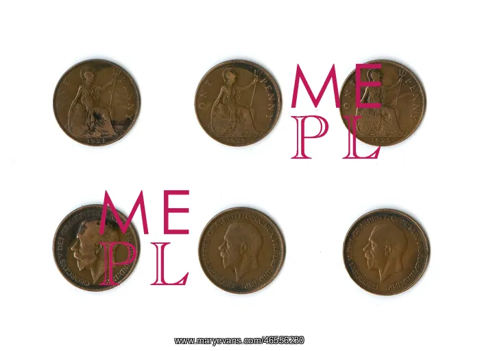 : British coins, three George V pennies : British coins, three George V pennies