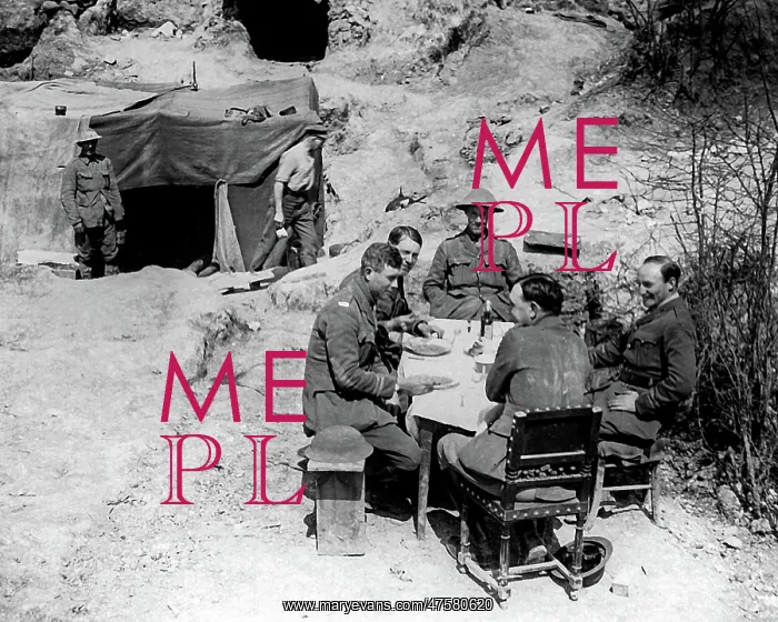 : British doctors sitting at a table, Western Front, WW1 : British doctors sitting at a table, Western Front, WW1
