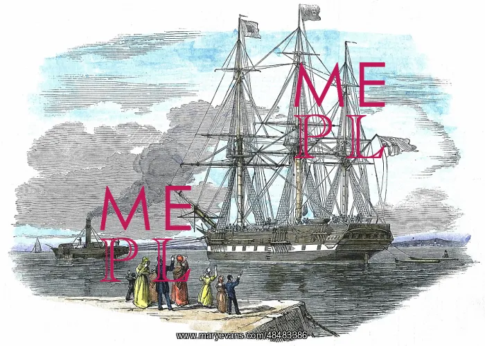 : British emigrant ship being towed out of harbour : British emigrant ship being towed out of harbour
