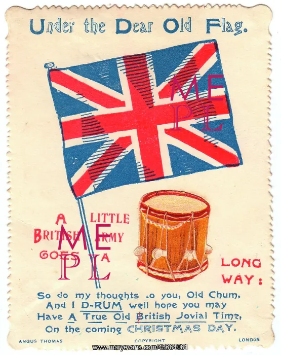 : British flag and drum with comic verse on a Christmas card : British flag and drum with comic verse on a Christmas card