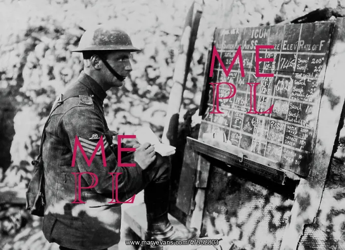 : British gunner with instruction board, Western Front, WW1 : British gunner with instruction board, Western Front, WW1