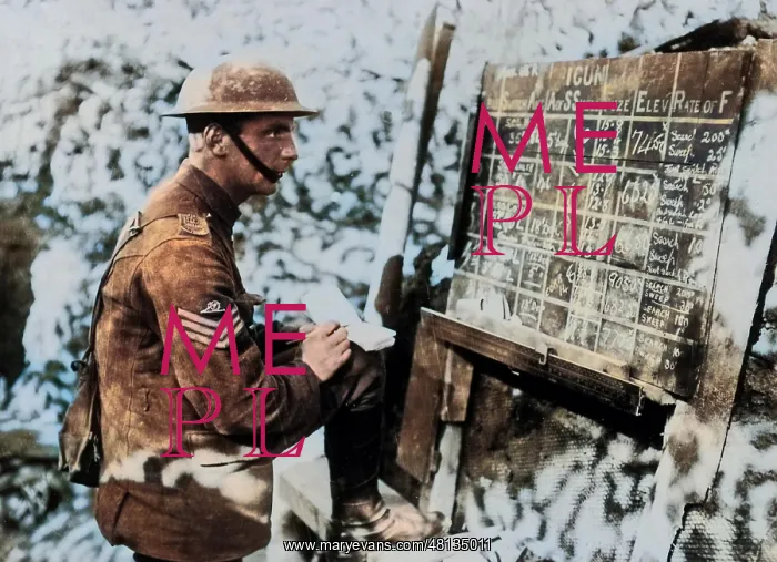 : British gunner with instruction board, Western Front, WW1 : British gunner with instruction board, Western Front, WW1