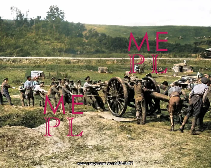 : British gunners getting big gun into position, WW1 : British gunners getting big gun into position, WW1