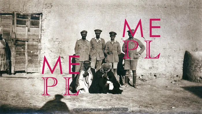 : British officers and arabs outside a building, Middle East : British officers and arabs outside a building, Middle East