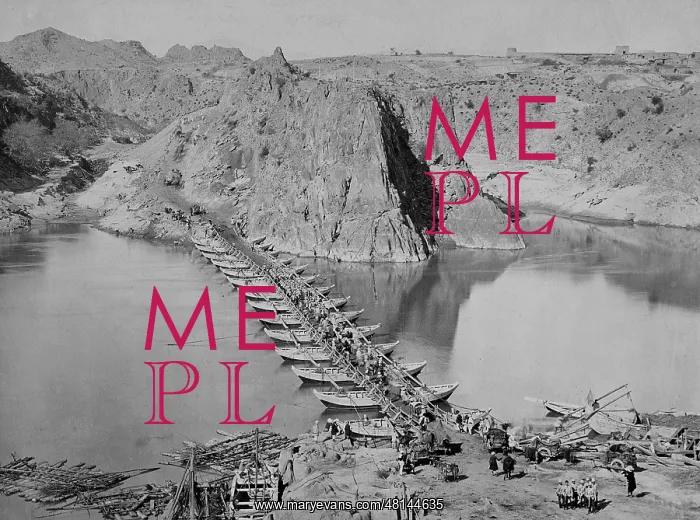 : British pontoon bridge in the Himalayas, 1903 : British pontoon bridge in the Himalayas, 1903