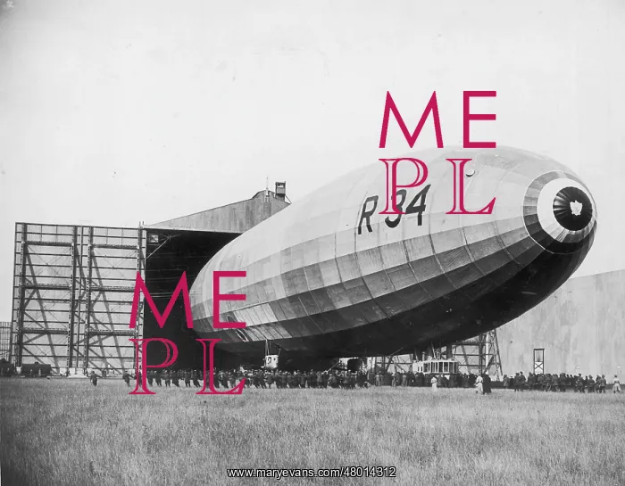 : British R34 airship emerging from hangar : British R34 airship emerging from hangar