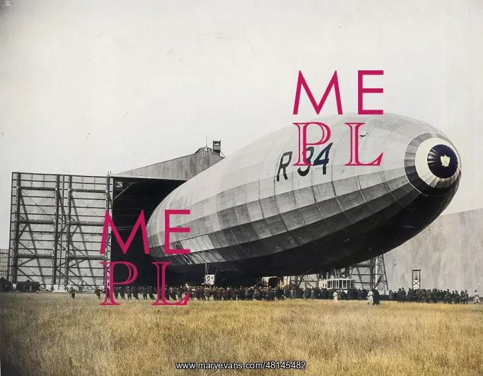 : British R34 airship emerging from hangar : British R34 airship emerging from hangar