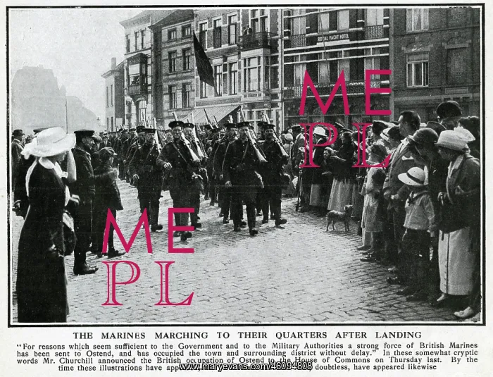 : British Royal Marines arriving in Ostend, Belgium, WW1 : British Royal Marines arriving in Ostend, Belgium, WW1