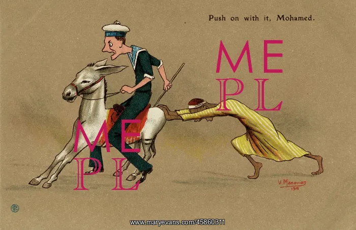 : British sailor on a mule, pushed by Egyptian man : British sailor on a mule, pushed by Egyptian man