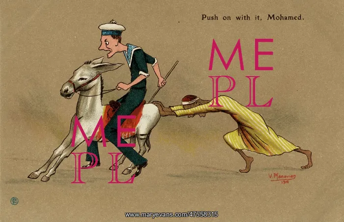 : British sailor on a mule, pushed by Egyptian man : British sailor on a mule, pushed by Egyptian man