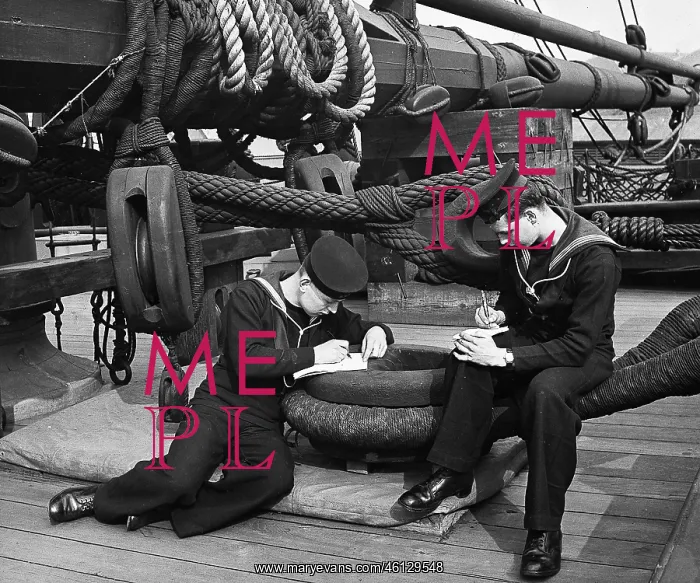 : Two British sailors writing letters on a ship : Two British sailors writing letters on a ship