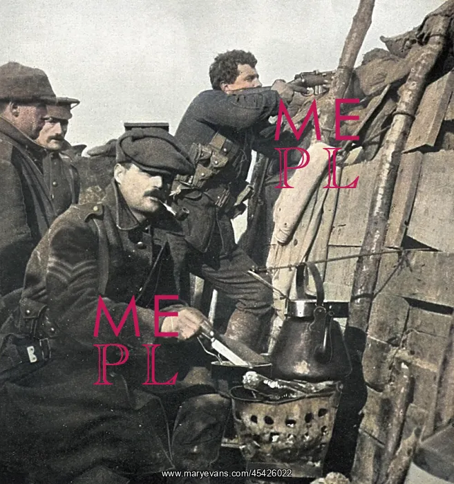 : British soldier cooks dinner on a brazier in trench : British soldier cooks dinner on a brazier in trench
