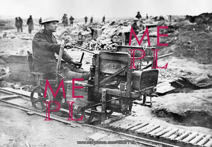  : British soldier riding on light railway, WW1