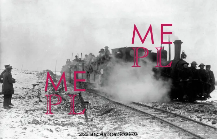 : British soldiers on light railway, Western Front, WW1 : British soldiers on light railway, Western Front, WW1