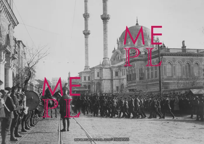 : British troops marching by Nusretiye Mosque in Istanbul : British troops marching by Nusretiye Mosque in Istanbul