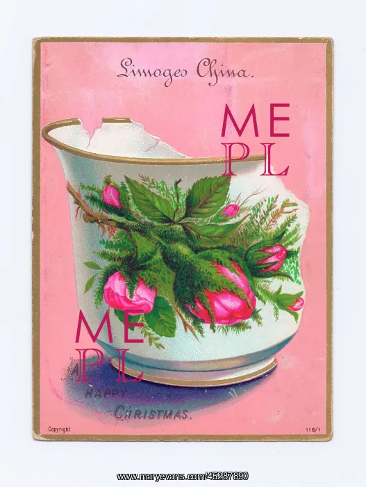  : Broken Limoges China cup on a Christmas postcard