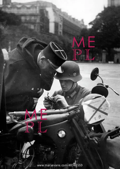 : Broken down motorcycle on the Champs-Elysee in Paris, 1940 : Broken down motorcycle on the Champs-Elysee in Paris, 1940