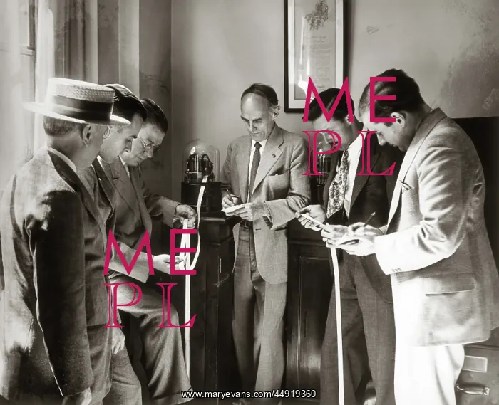  : Brokers businessmen reading ticker tape as it