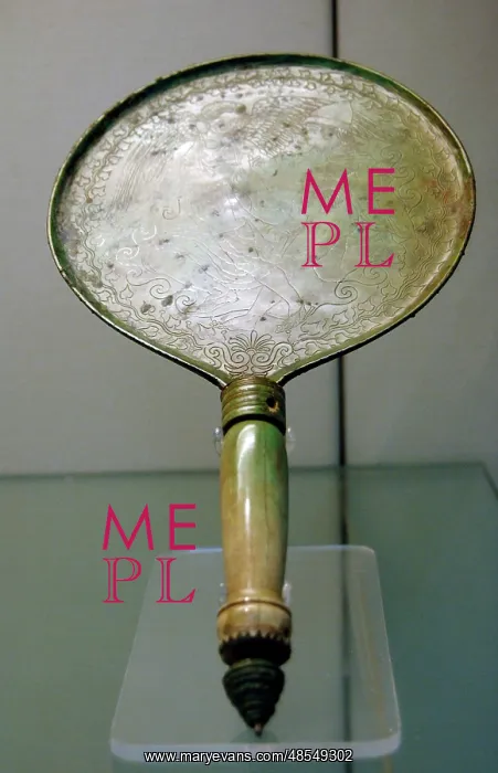 : Bronze mirror with bone handle engraved with a scene depicti : Bronze mirror with bone handle engraved with a scene depicti
