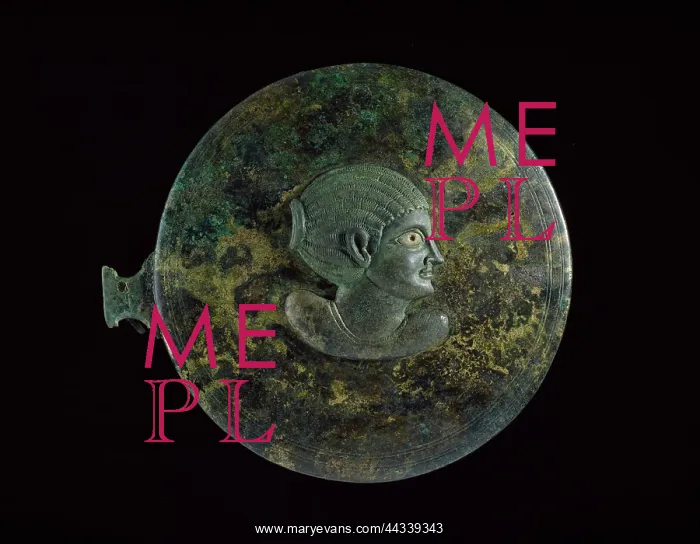 : Bronze mirror case, in two parts. Top, outer face: applique : Bronze mirror case, in two parts. Top, outer face: applique