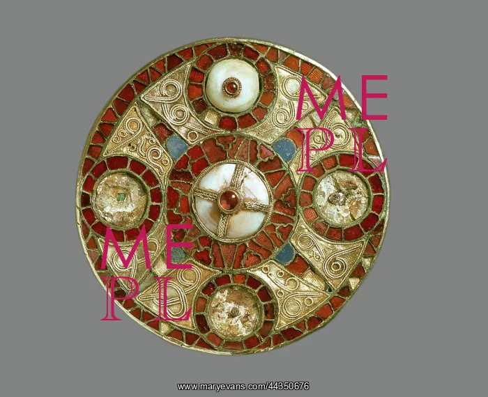 : Brooch. Anglo-Saxon jewelled disc brooch; two of the originally five domed : Brooch. Anglo-Saxon jewelled disc brooch; two of the originally five domed