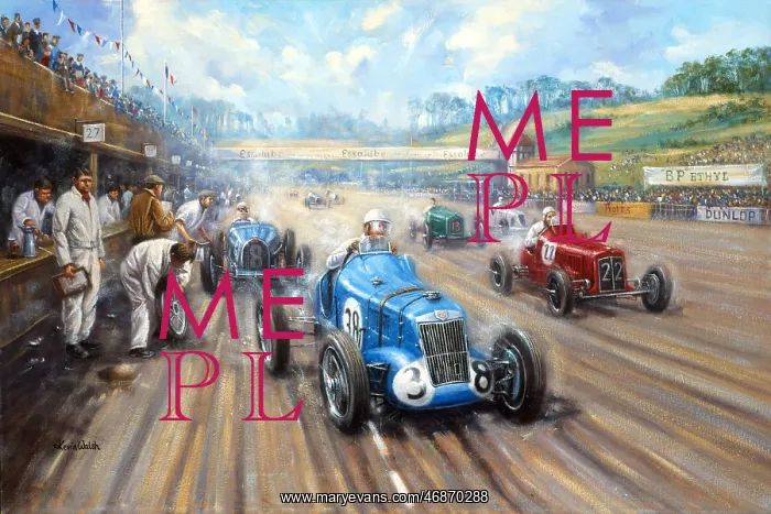 : Brooklands race track with R Type MG, Bugatti, ERM : Brooklands race track with R Type MG, Bugatti, ERM
