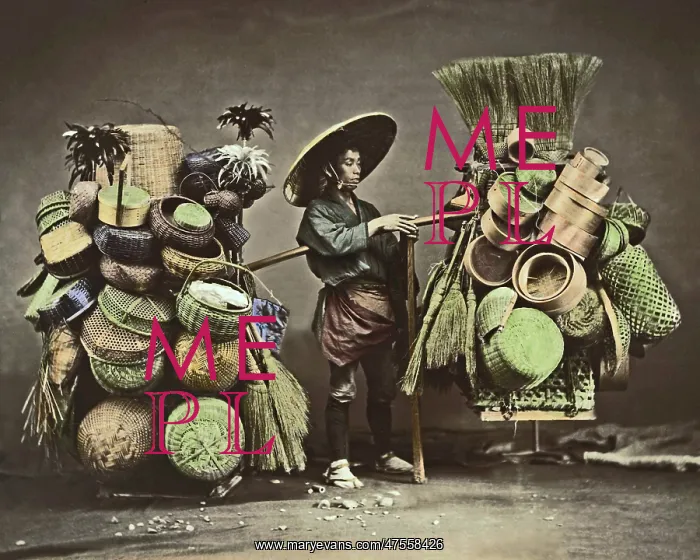 : Broom and basket vendor, Japan : Broom and basket vendor, Japan