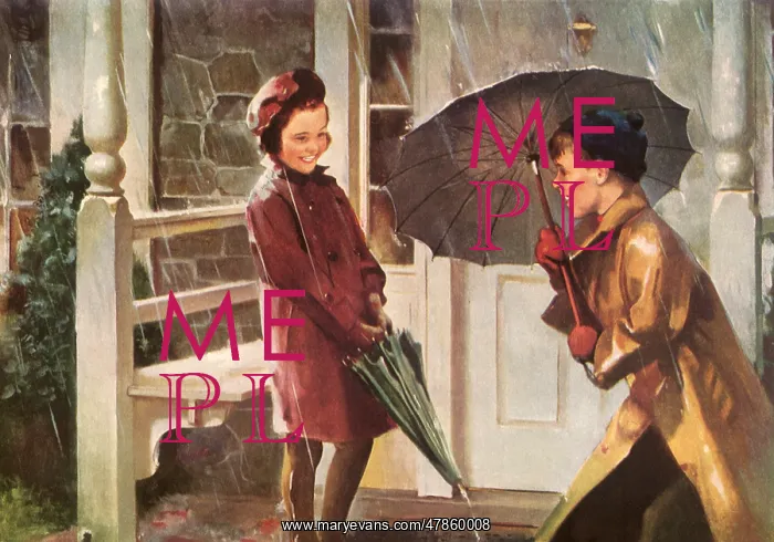  : Brother and Sister in the Rain with Umbrellas