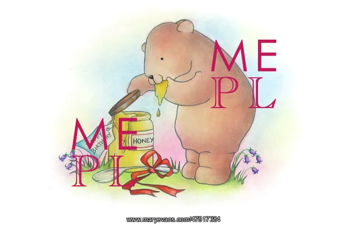 : Brown bear with birthday honeypot and spoon : Brown bear with birthday honeypot and spoon