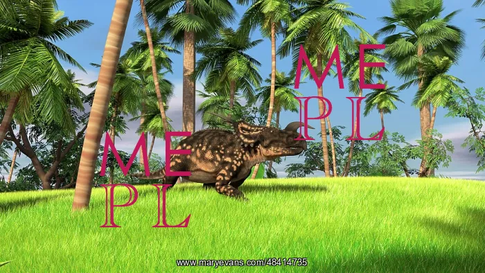 : Brown Einiosaurus walking across a grassy field : Brown Einiosaurus walking across a grassy field