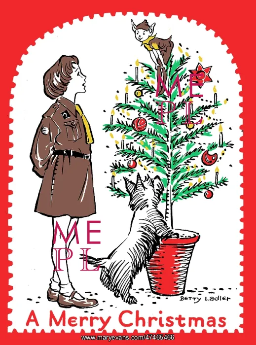 : Brownie looking at an elf on Christmas tree : Brownie looking at an elf on Christmas tree